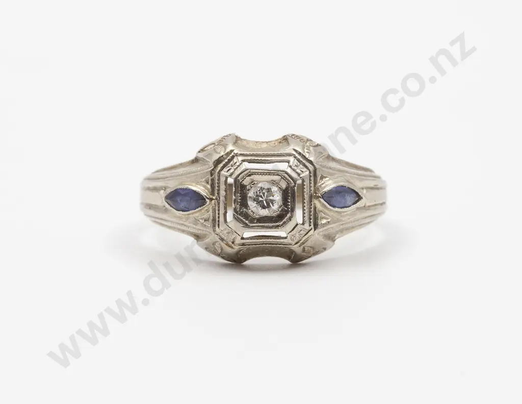 Art Deco 18ct Three Stone Diamond and Sapphire Band Ring Image 1++