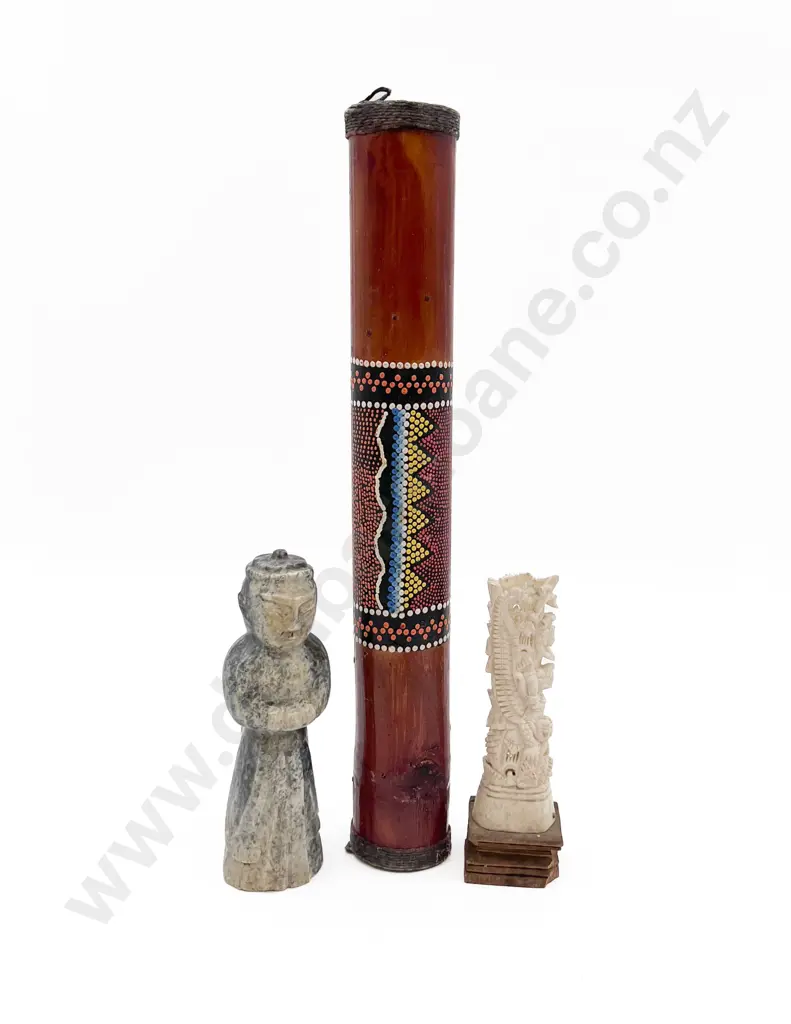 Aboriginal Rain Stick Together with Hardstone Figure and Bone Carving (AF) Image 1++