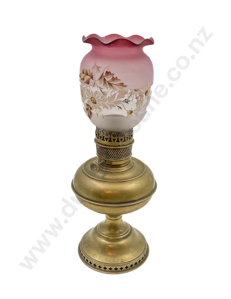 Brass Kerosene Lamp with Painted Victorian Glass Shade Image 1++