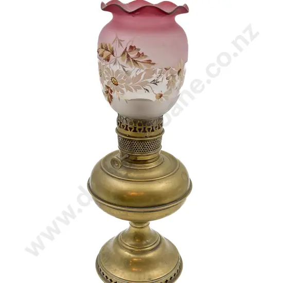 Brass Kerosene Lamp with Painted Victorian Glass Shade