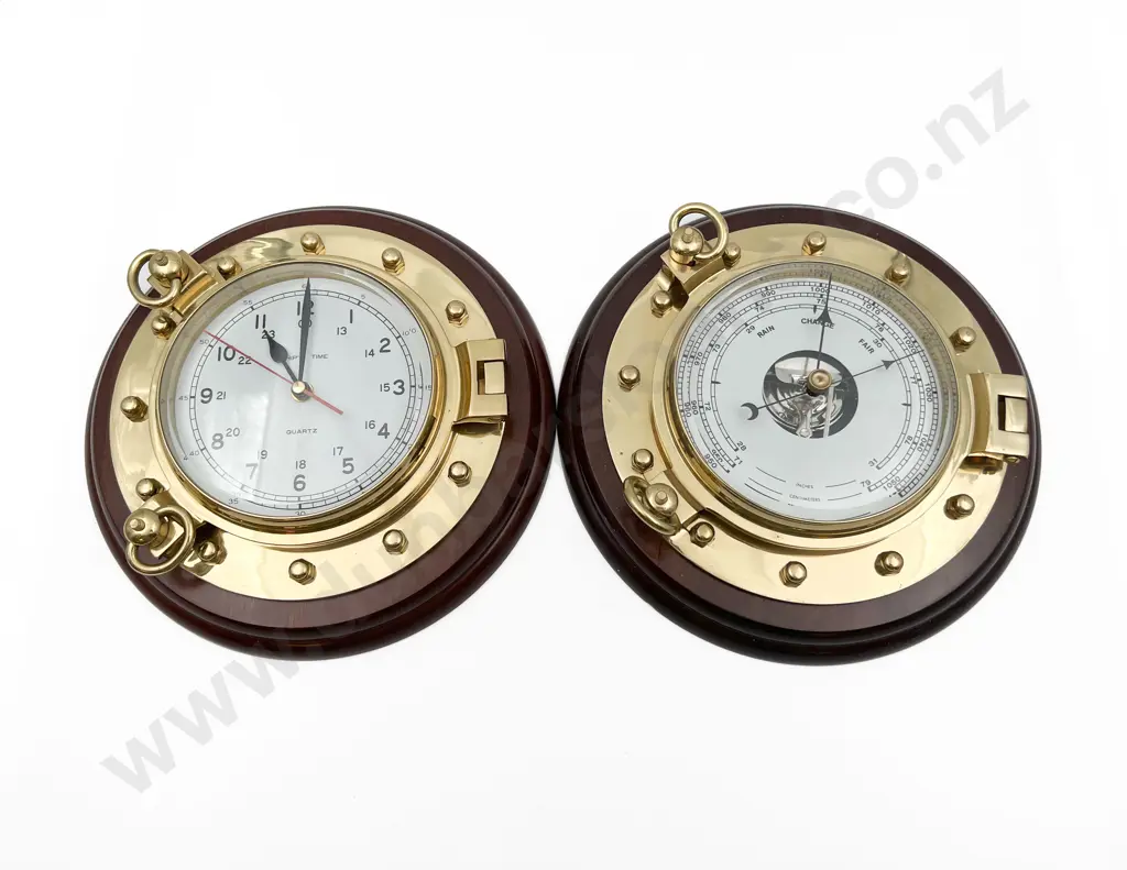 Reproduction Porthole Form Clock and Barometer Image 1++