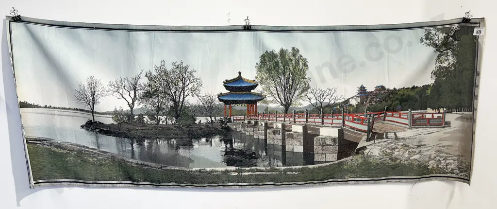 Vintage Japanese Machine Embroidery Panel of Pond Garden Landscape Image 1++