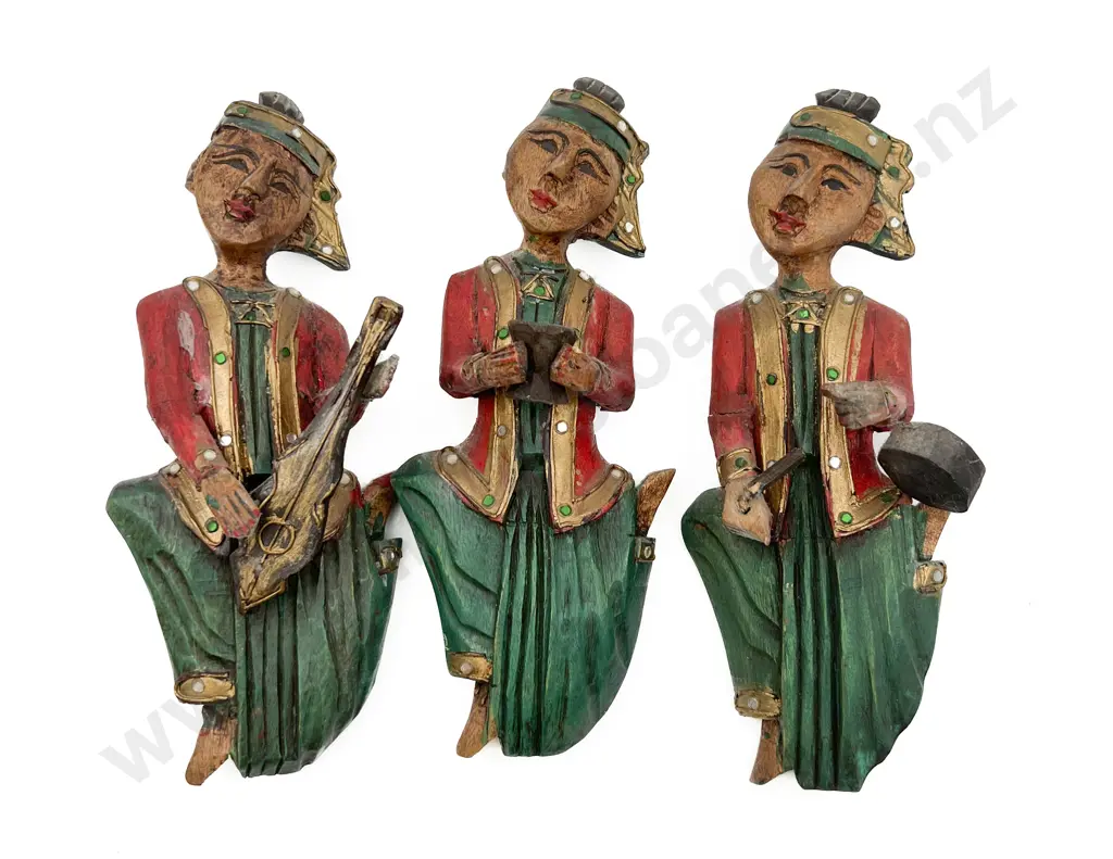 Three Carved Thai Wooden Figures Image 1++