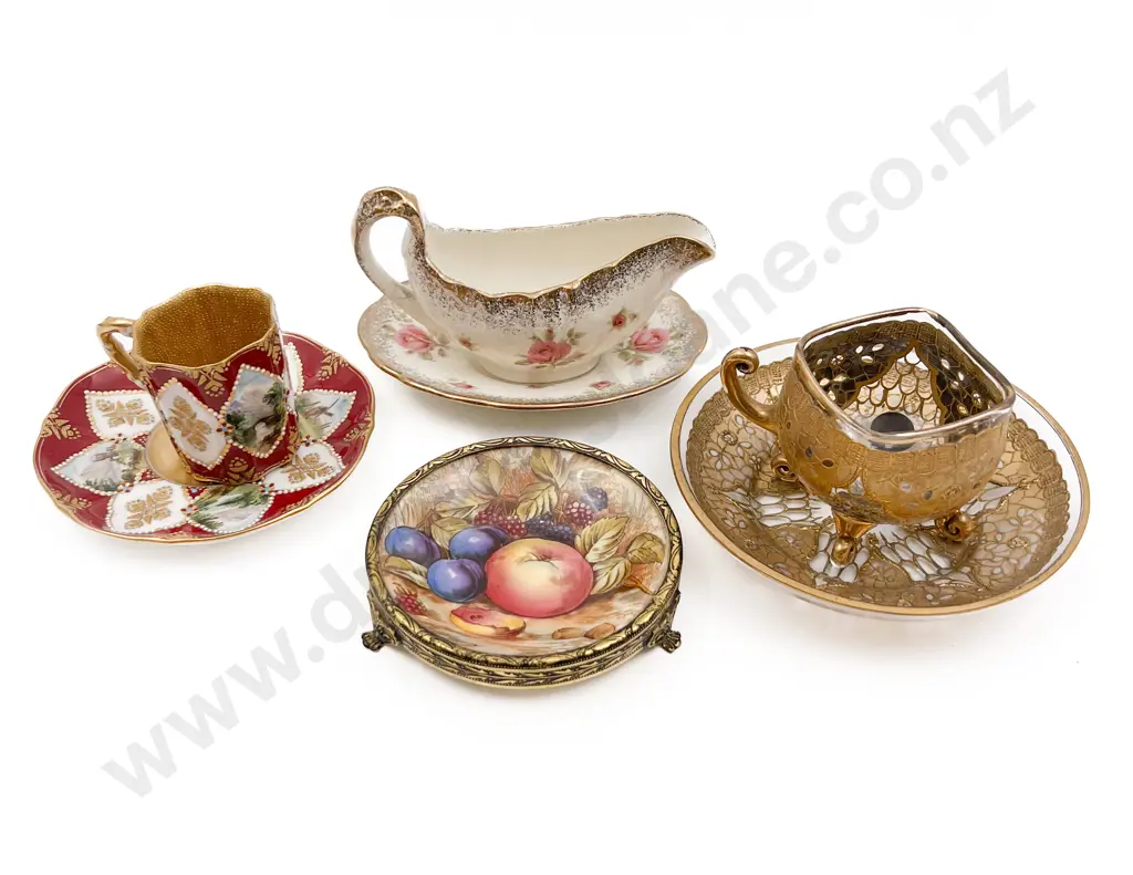 Aynsley "Orchard Gold" Dish with Two Fancy Cup Saucers and Sauce Boat on Tray Image 1++