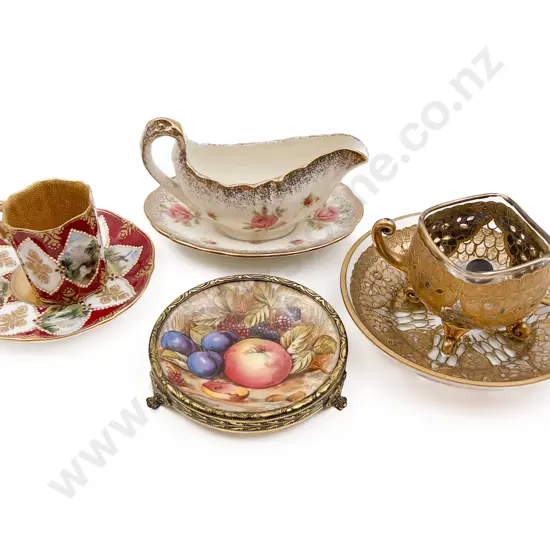 Aynsley "Orchard Gold" Dish with Two Fancy Cup Saucers and Sauce Boat on Tray