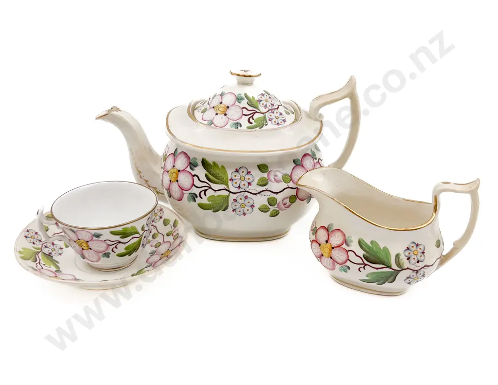 Early 19th Century English Porcelain Hand Painted Teapot with Cream Jug and Cup and Saucer (Faults) Image 1++