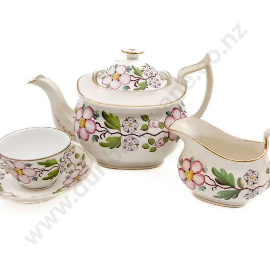 Early 19th Century English Porcelain Hand Painted Teapot with Cream Jug and Cup and Saucer (Faults)