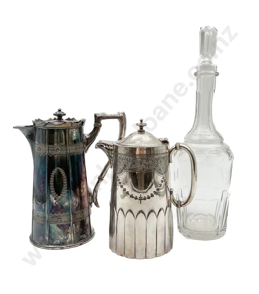 Two Victorian S/P Water Jugs and Glass Wine Bottle Decanter Image 1++
