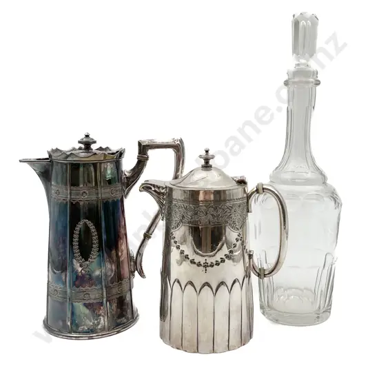Two Victorian S/P Water Jugs and Glass Wine Bottle Decanter
