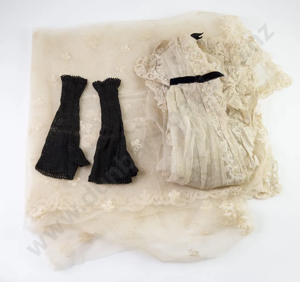 Victorian Hand Made Lace & Net Bonnet With Wedding Veil and Gloves Image 1++