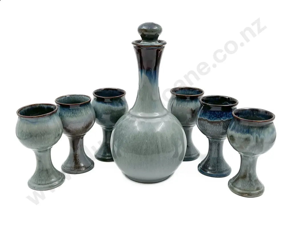Glaze Pottery Decanter With Six Matching Goblets Image 1++