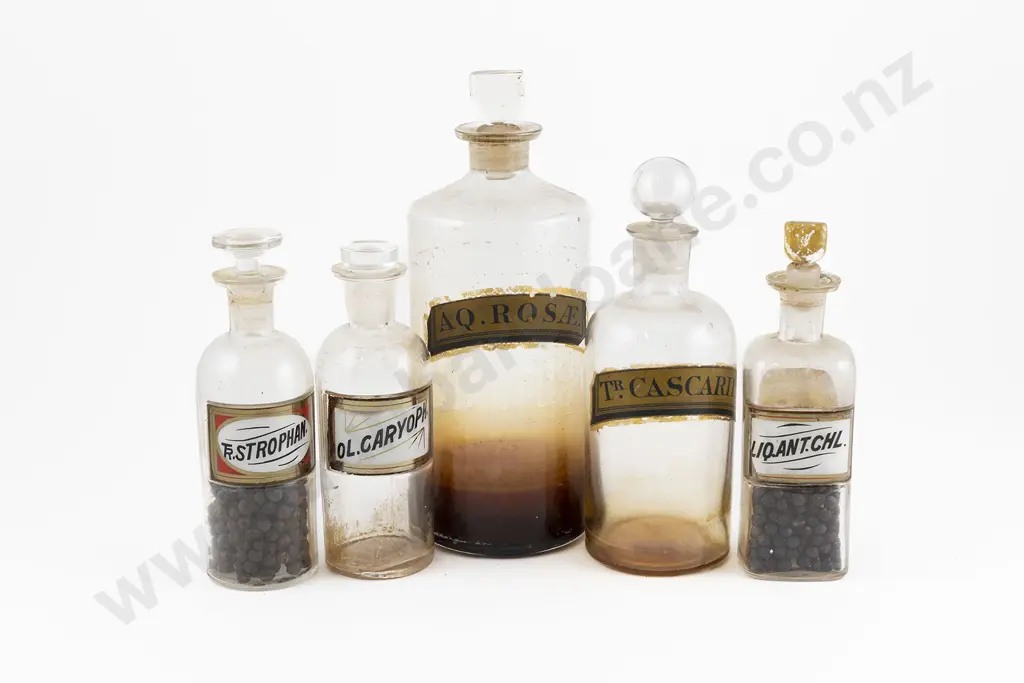 Collection of Five Antique Chemists Bottles Image 1++
