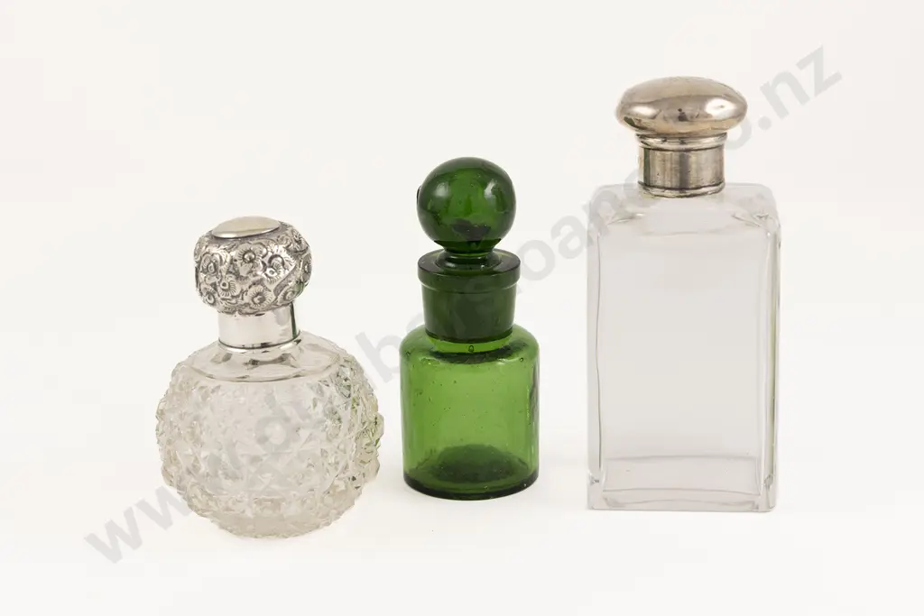 Two S/S Topped Scent Bottles & Bristol Green Smelling Salts Bottle Image 1++