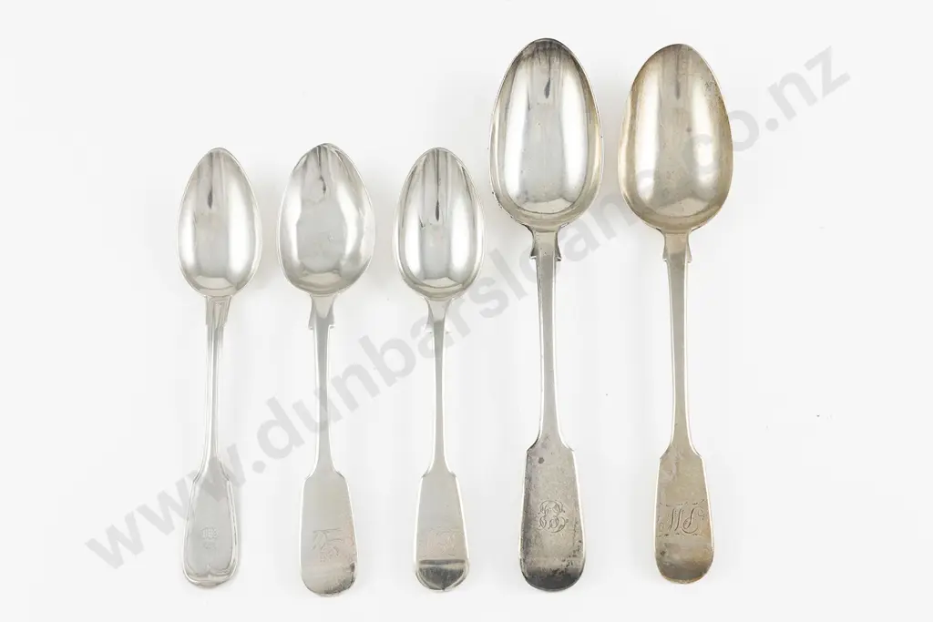 Two S/S Fiddle Pattern Tablespoons & Three Dessert Spoons Image 1++