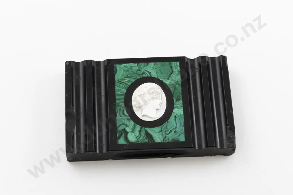 Victorian Slate Malachite and Classical Portrait Cameo Desk Paper Weight Image 1++