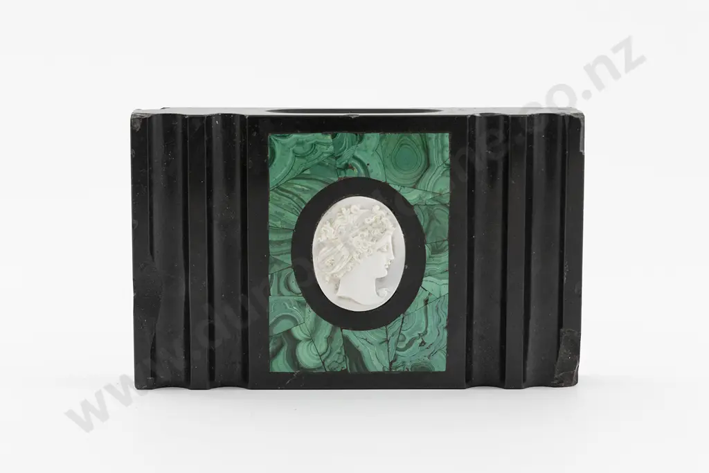 Victorian Slate Malachite and Classical Portrait Cameo Desk Paper Weight Image 1++
