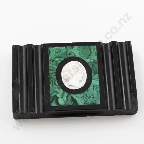 Victorian Slate Malachite and Classical Portrait Cameo Desk Paper Weight