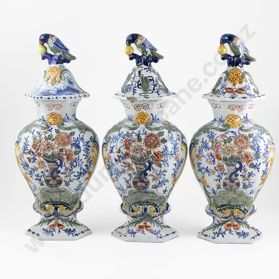 A Set Of Three Late C18th Dutch Delftware Vases & Covers