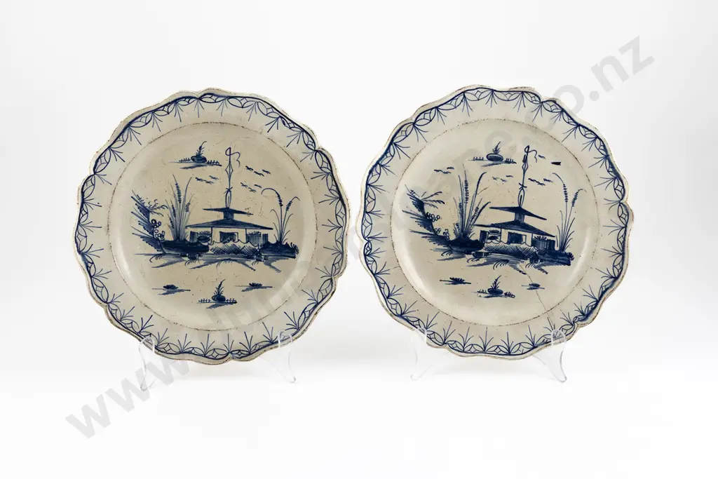 Pair C18th English Pearlware Blue & White Plates Image 1++