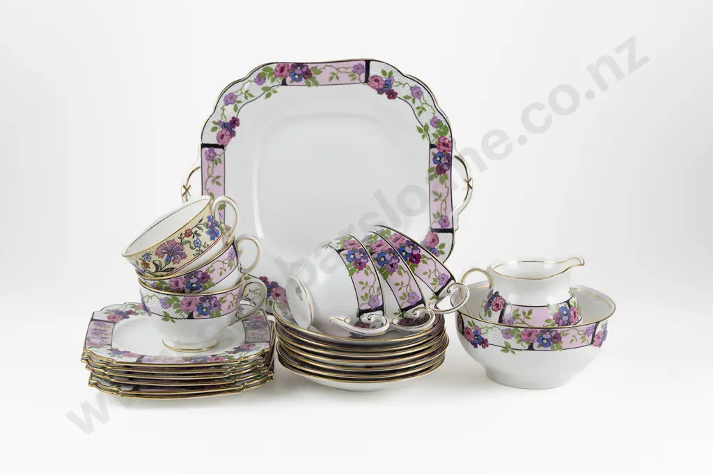 21pce Aynsley Pink & Purple Floral Decorated Tea Set Image 1++