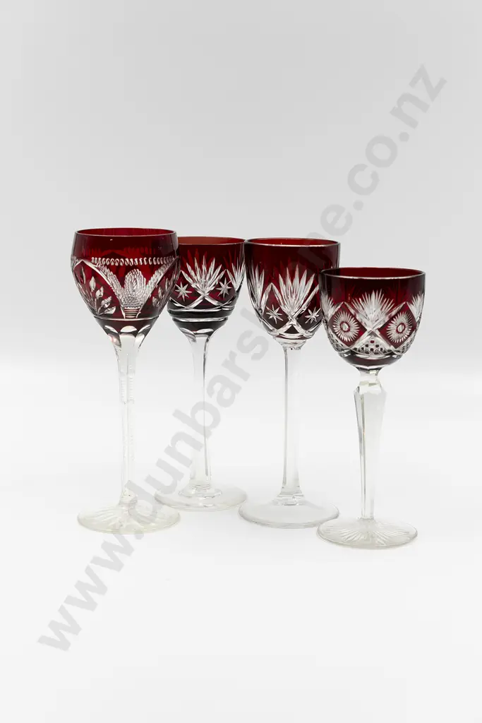 Four Ruby Red Flashed Crystal Hock Glasses Image 1++