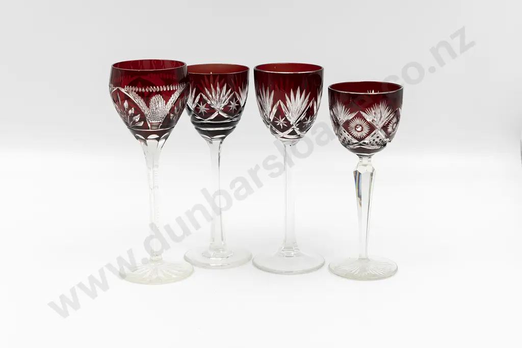 Four Ruby Red Flashed Crystal Hock Glasses Image 1++