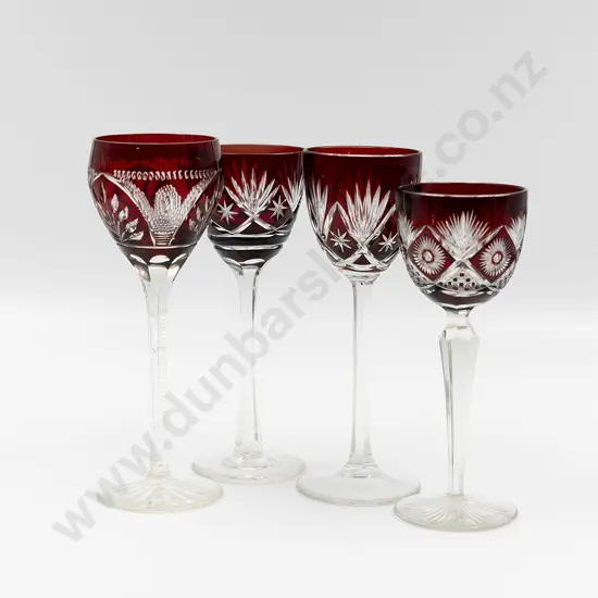 Four Ruby Red Flashed Crystal Hock Glasses