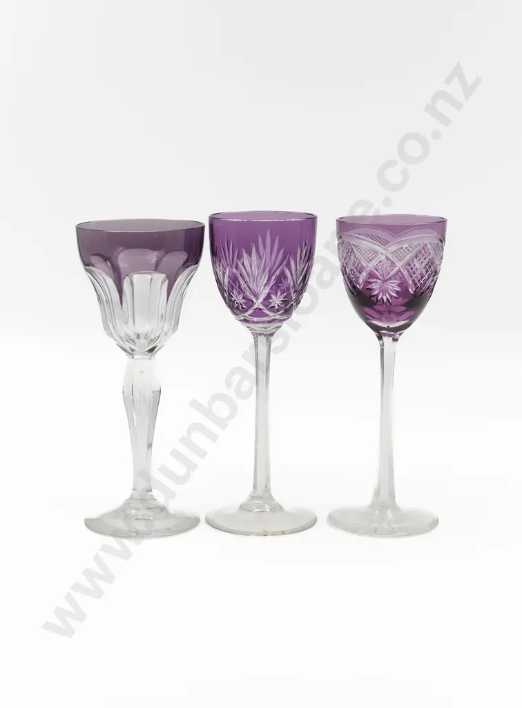 Three Amethyst Flashed Crystal Hock Glasses Image 1++