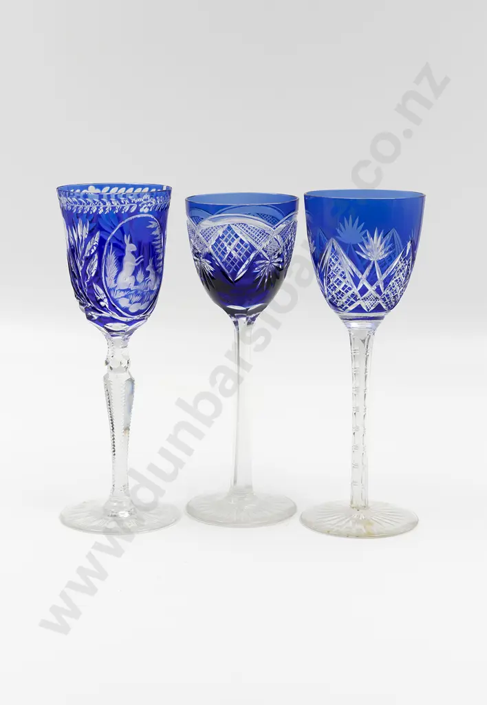 Three Blue Flashed Crystal Hock Glasses Image 1++