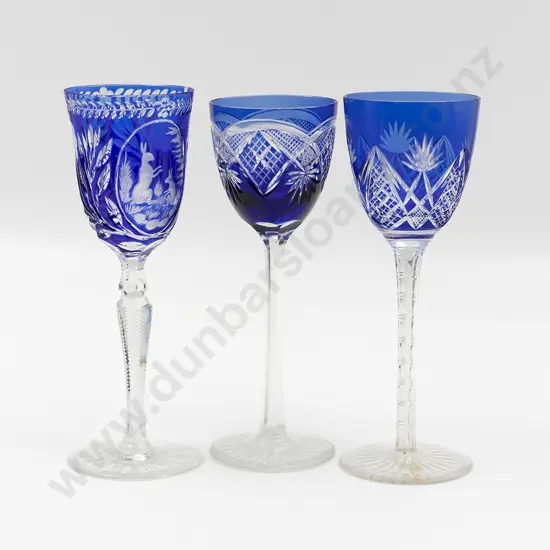 Three Blue Flashed Crystal Hock Glasses