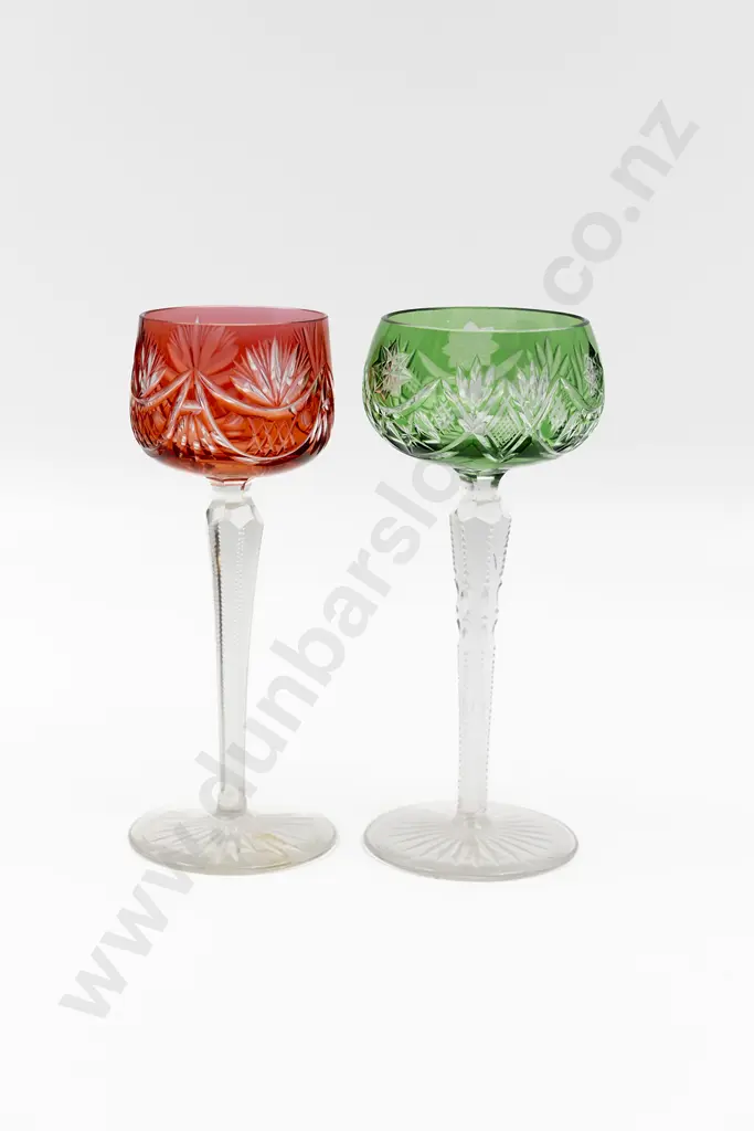 Green Flashed & Ruby Flashed Crystal Hock Glasses Image 1++