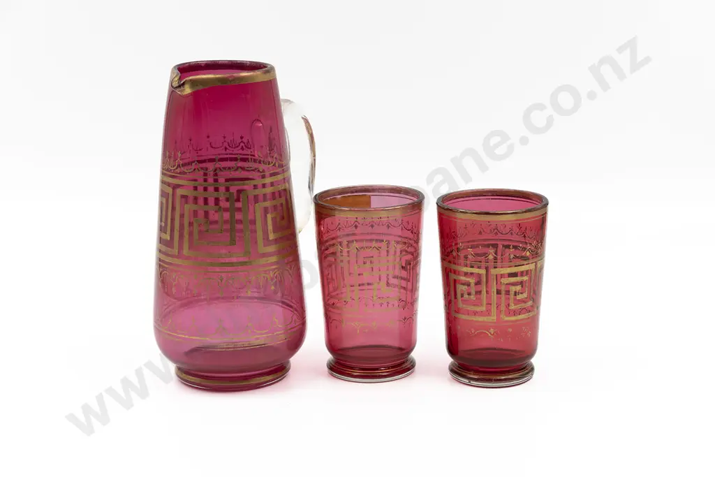 Vict Cranberry Glass Water Jug & Two Beakers Image 1++