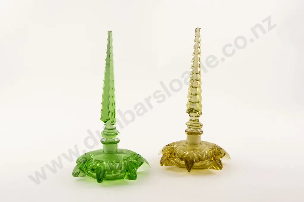 Pair Art Deco Green and Yellow Glass Scent Bottles Image 1++