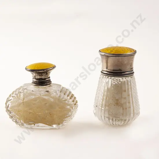 Two S/S and Yellow Enamel Topped Salts Bottles