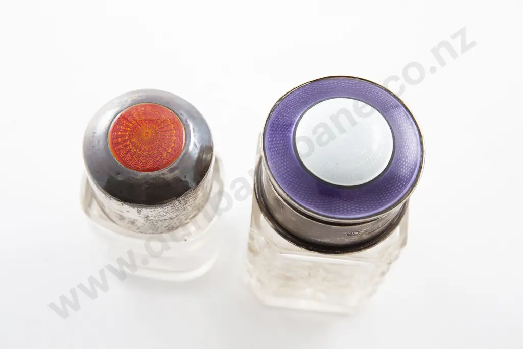 Two S/S and Enamel Topped Salts Bottles Image 1++
