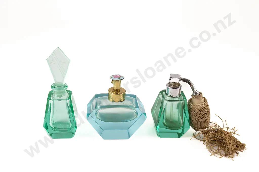 Pair Art Deco Czech Green Glass Scent and Atomiser Bottles Image 1++