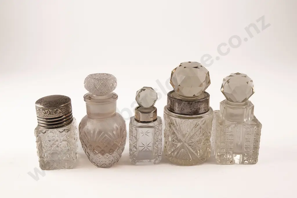 Five Victorian Clear Glass Salts Bottles Image 1++