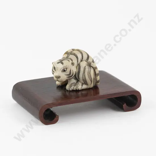 Signed Carved Ivory Netsuke of a Tiger