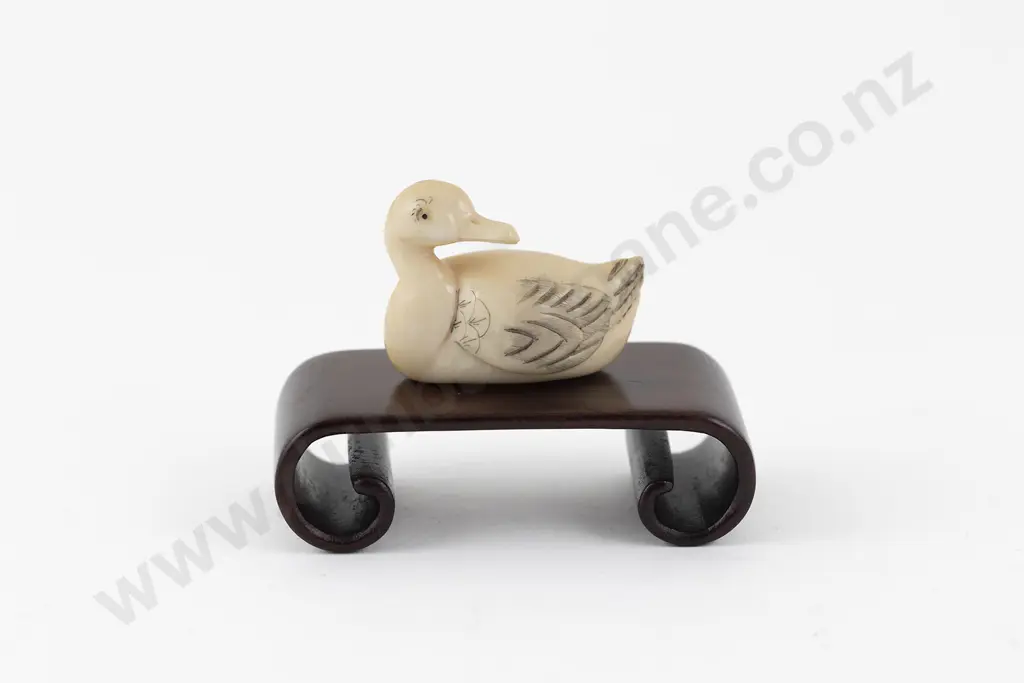 Signed Carved Ivory Netsuke of a Duck Image 1++