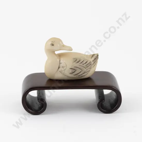 Signed Carved Ivory Netsuke of a Duck