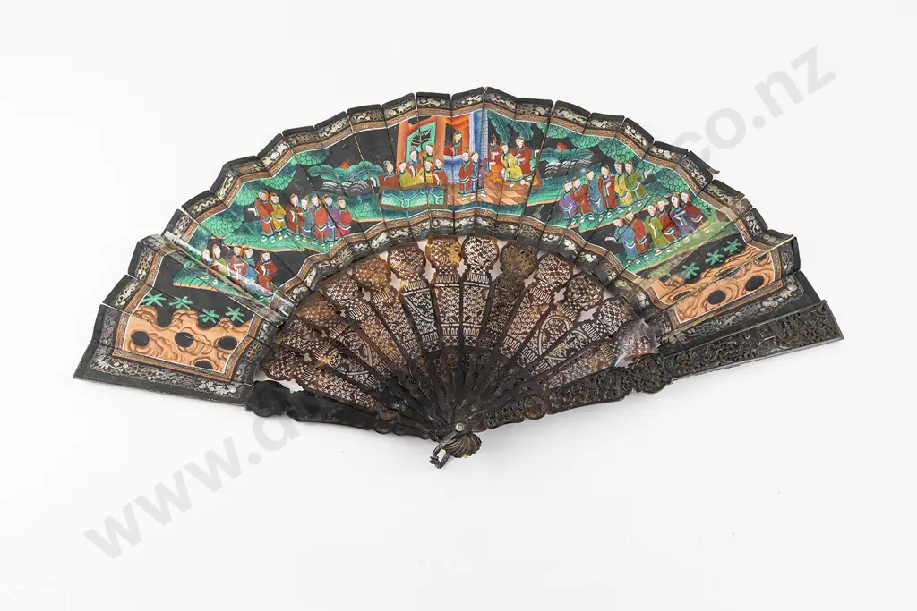 Late C19th Chinese Tortoiseshell Hand Painted Fan Image 1++