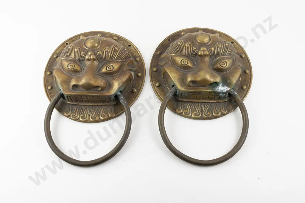 Pair Large Chinese Brass Mythical Lion Mask Door Knockers Image 1++