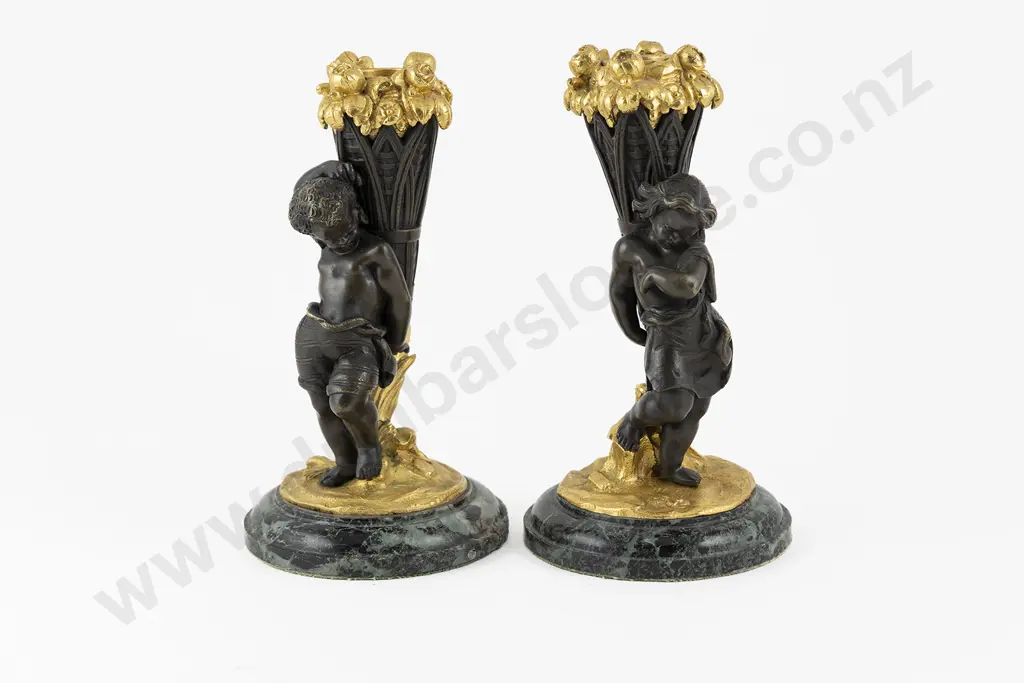 Small Pair Of Bronze & Gilt Bronze Cherub Candlesticks Image 1++
