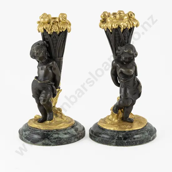 Small Pair Of Bronze & Gilt Bronze Cherub Candlesticks