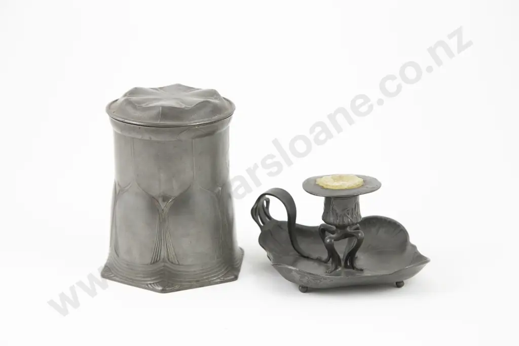 Orivit Art Nouveau Pewter Tea Caddy & Candlestick Image 1++