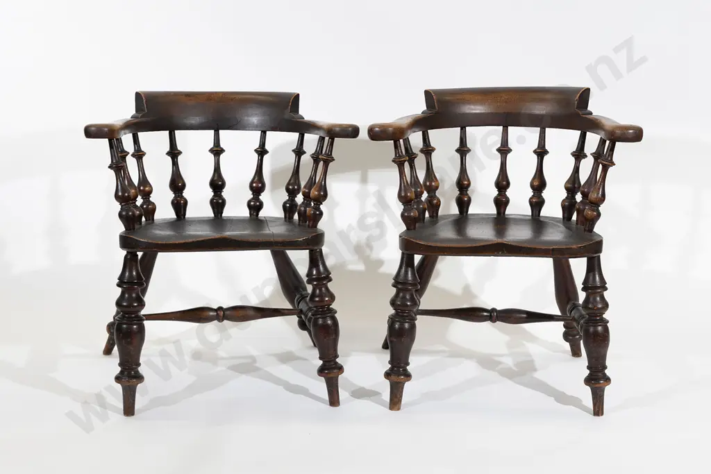 Pair Victorian Pine & Elm Smokers Bow Armchairs Image 1++