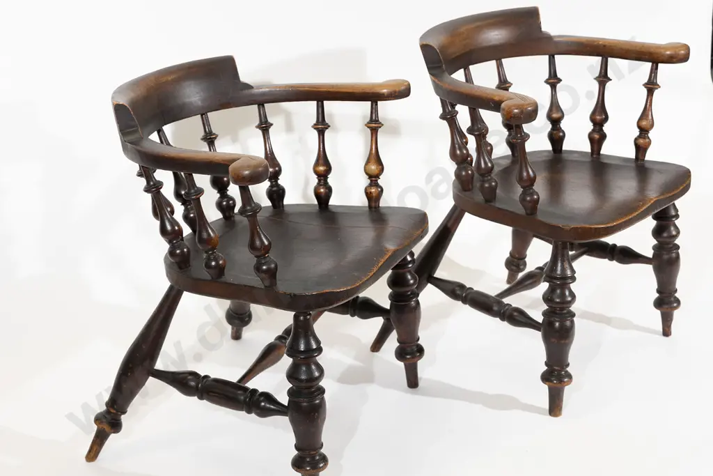 Pair Victorian Pine & Elm Smokers Bow Armchairs Image 1++