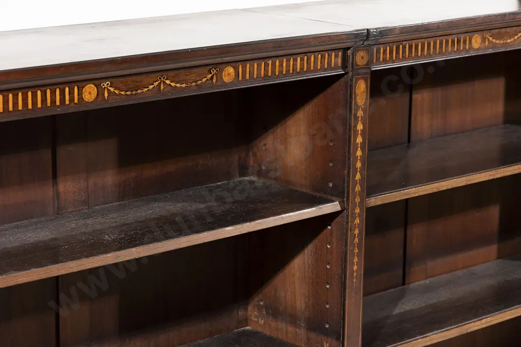 Edwardian Mahogany Sheraton Revival Two Part Open Bookcase Image 1++