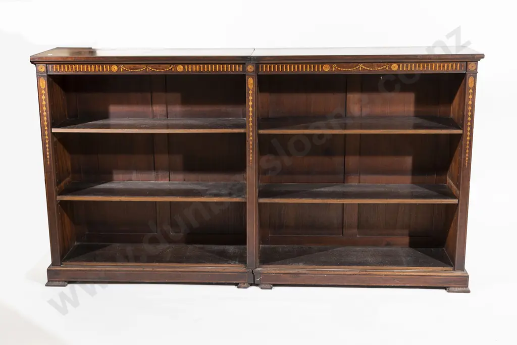 Edwardian Mahogany Sheraton Revival Two Part Open Bookcase Image 1++