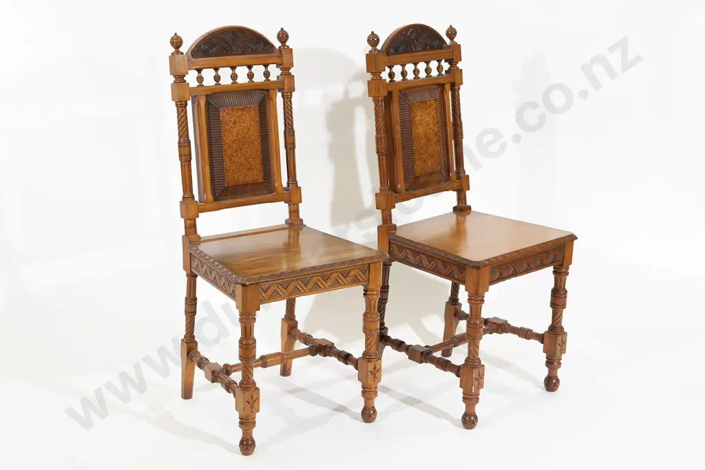 Rare Pair Of NZ Colonial Plain & Mottled Kauri Hall Chairs Image 1++